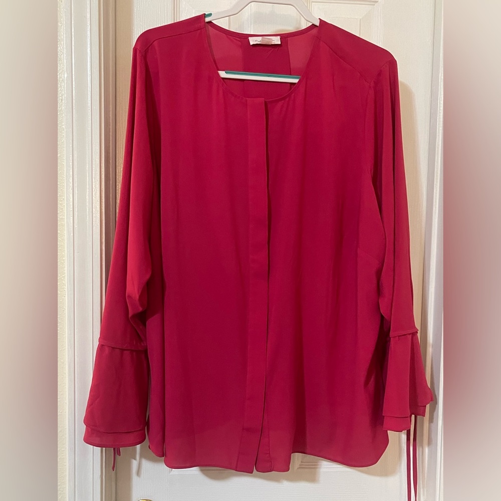 NWOT pink Calvin Klein blouse. Silky fabric and fab sleeves. Extra button. 2X
